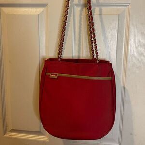 Club House by Jane Shelton Red fabric shoulder Bag double straps chain accent
